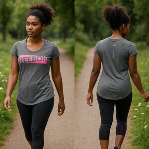 Reebok Women’s performance fabric swoop neck Gray Logo Tee – Small